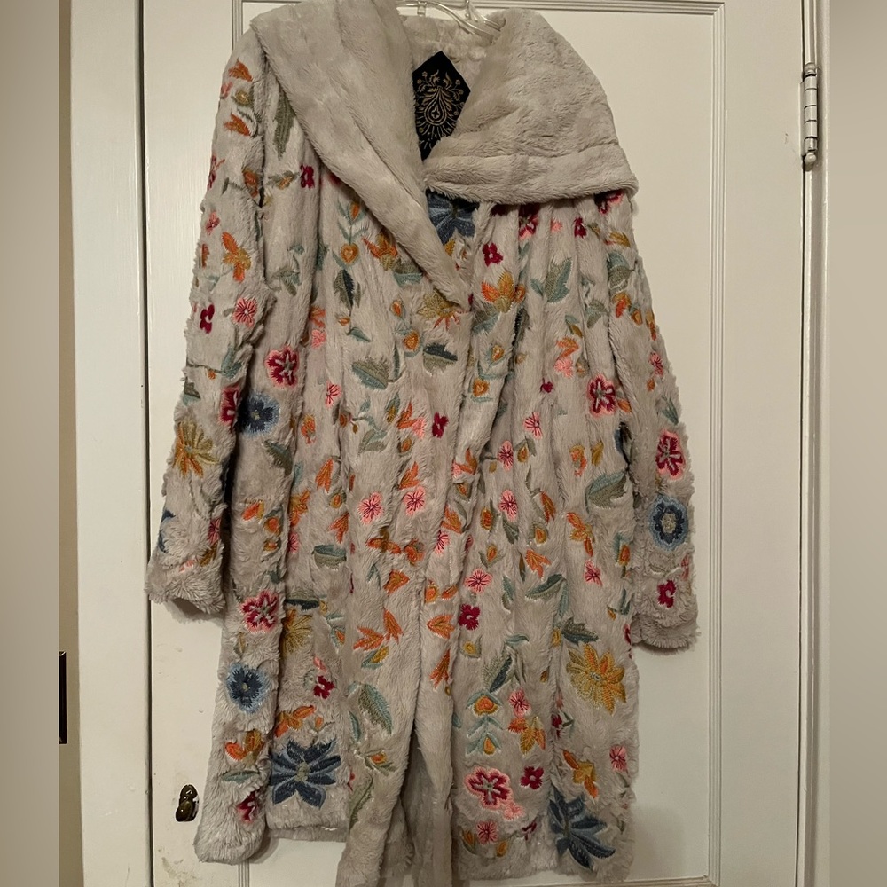 Johnny Was hooded fur embroidered coat.  Worn three times. Beautiful  3/4 lengt